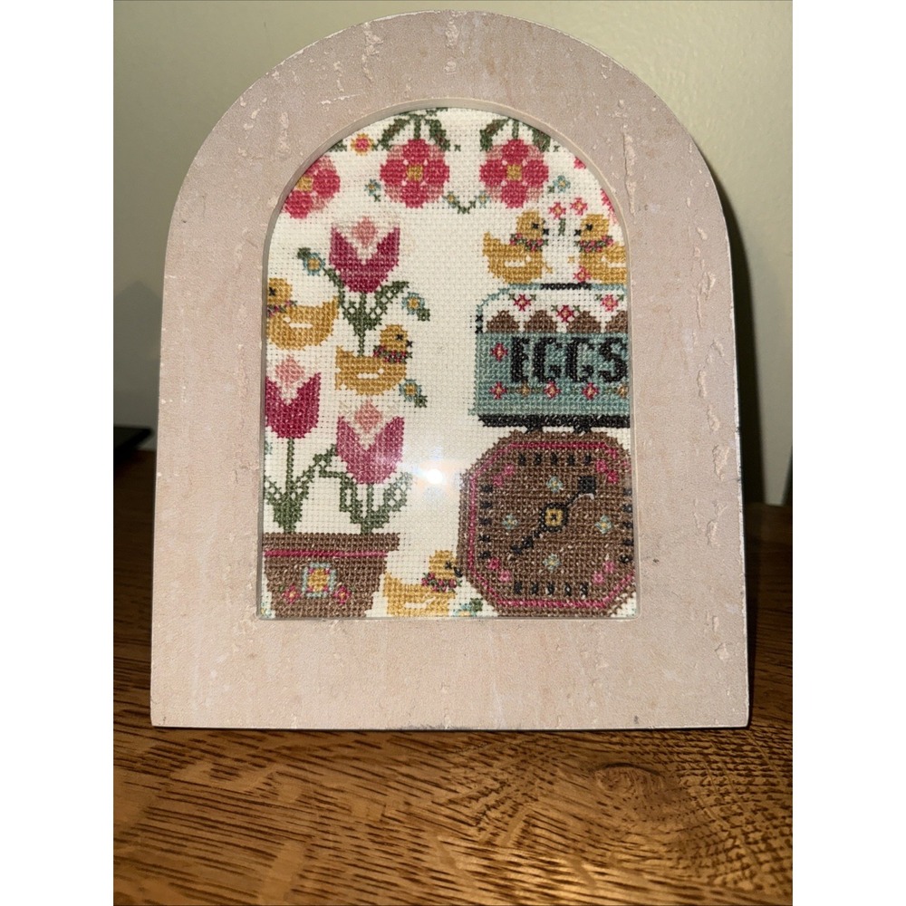 Farm House Chick Egg Framed Cross Stitch Hand Embroidery Farmhouse Decor 8x6.5